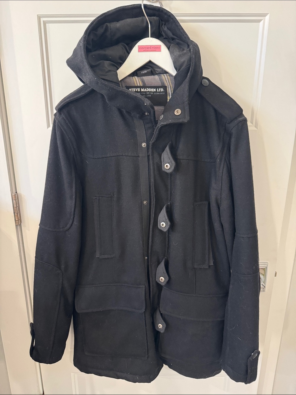 Steve Madden Black Hooded Peacoat with Button Front